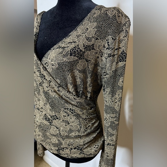 Vintage MSK gold and black faux wrap shimmer V neck dressy occasion shirt medium - Picture 6 of 10